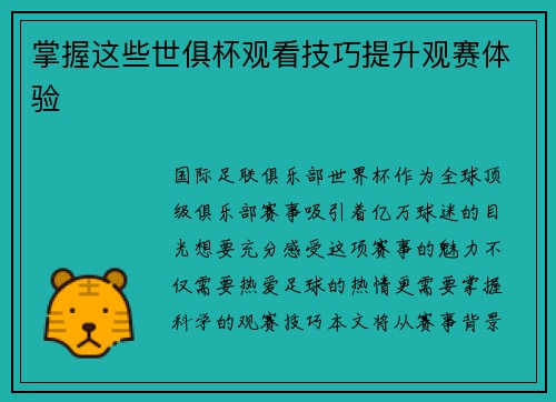 掌握这些世俱杯观看技巧提升观赛体验